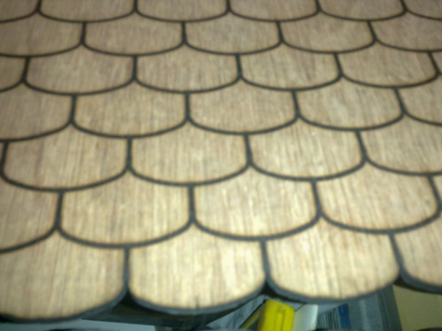 plywood laser marked to simulate roof tiles, details